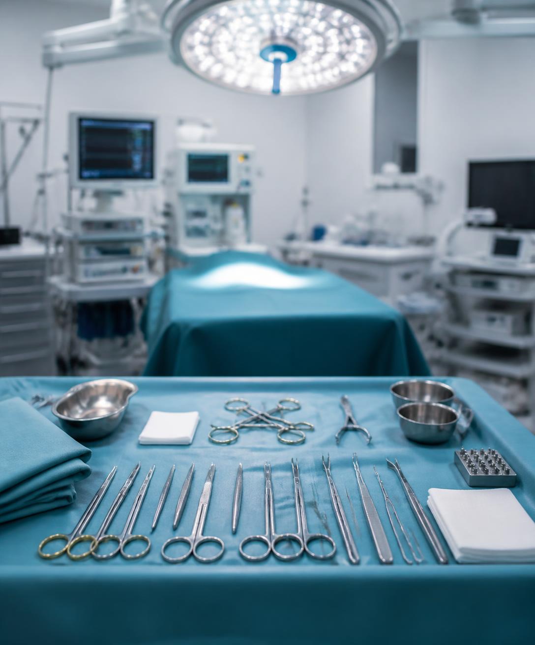 Sterile operating theatre with surgical instruments laid out in order